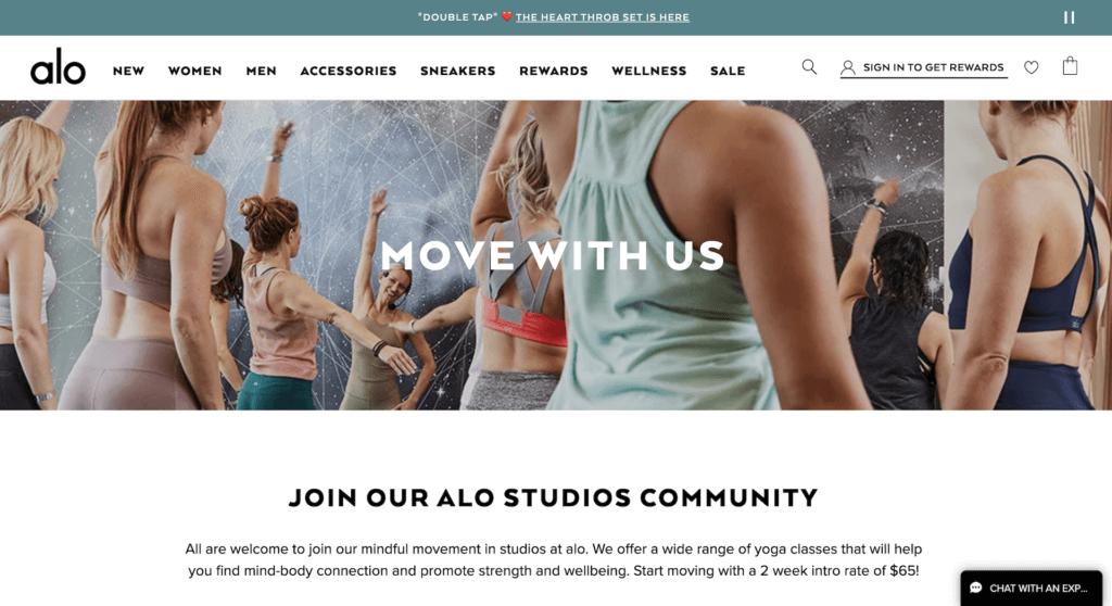 Alo yoga studio yoga class in store experience signup webpage 