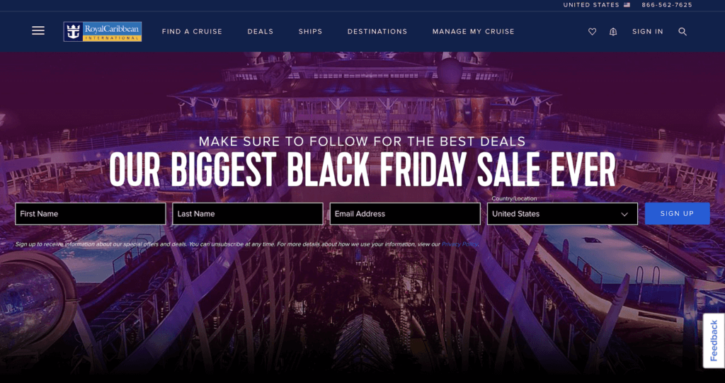 Royal Caribbean Black Friday sales event website promotion page